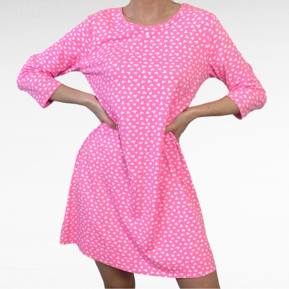 Anthony's Resort Wear | Neon Pink White Heart Print 3/4 Sleeve Vacation Dress